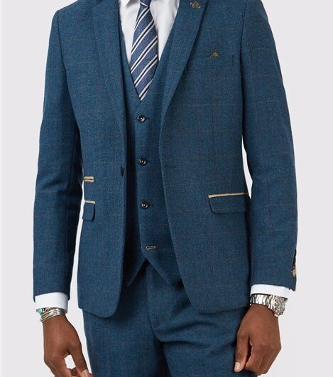 Marc Darcy Slim Fit Dion Blue Tweed Herringbone Check Men's Suit Jacket