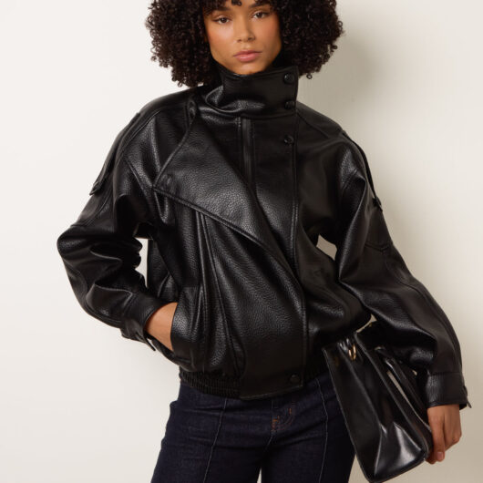 High Collar Faux Leather Jacket - S/M / BLACK