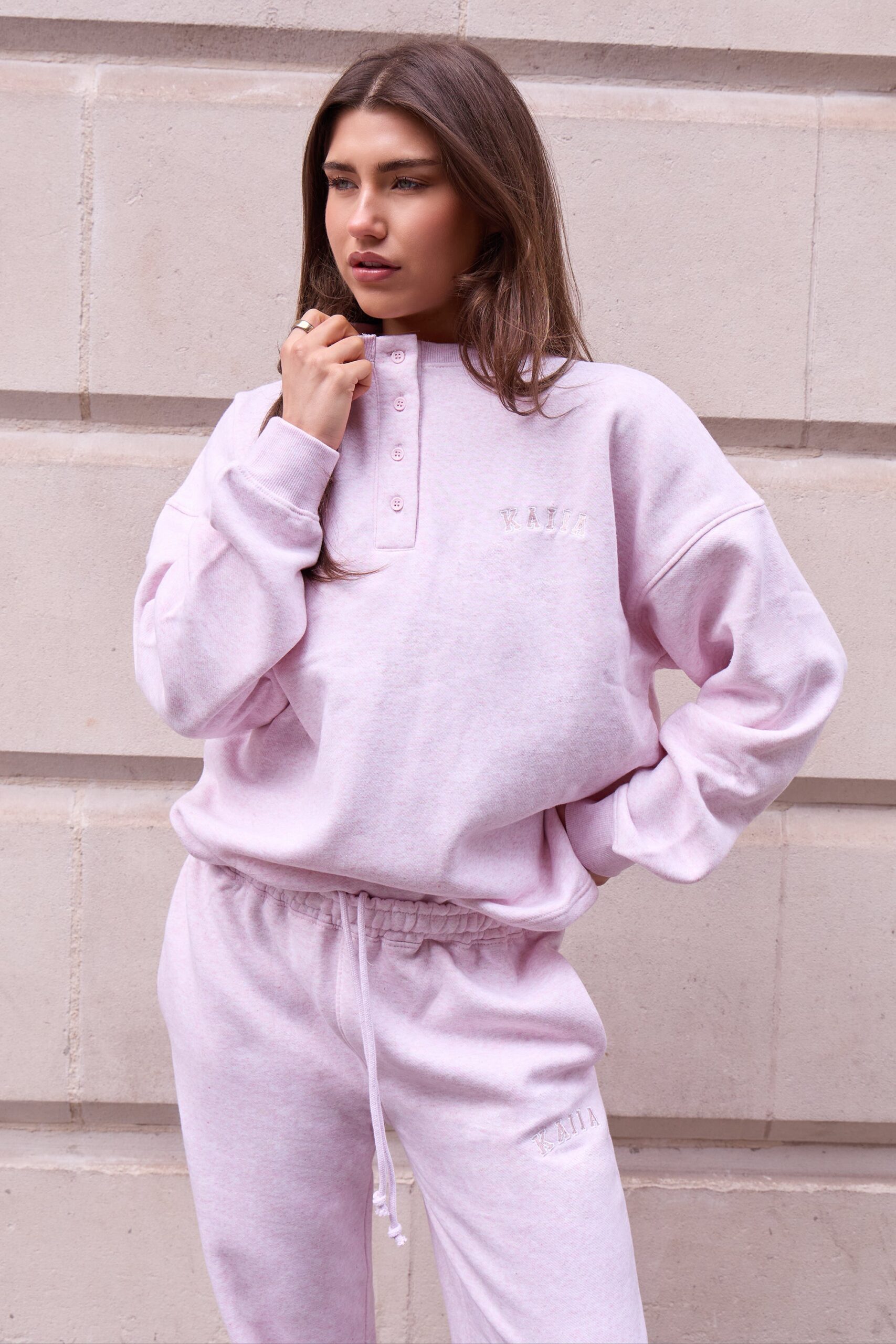 Kaiia Henley Style Button Up Sweatshirt Baby Pink Marl