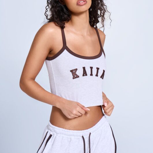 Kaiia Logo Contrast Cami Top Light Grey Marl & Brown