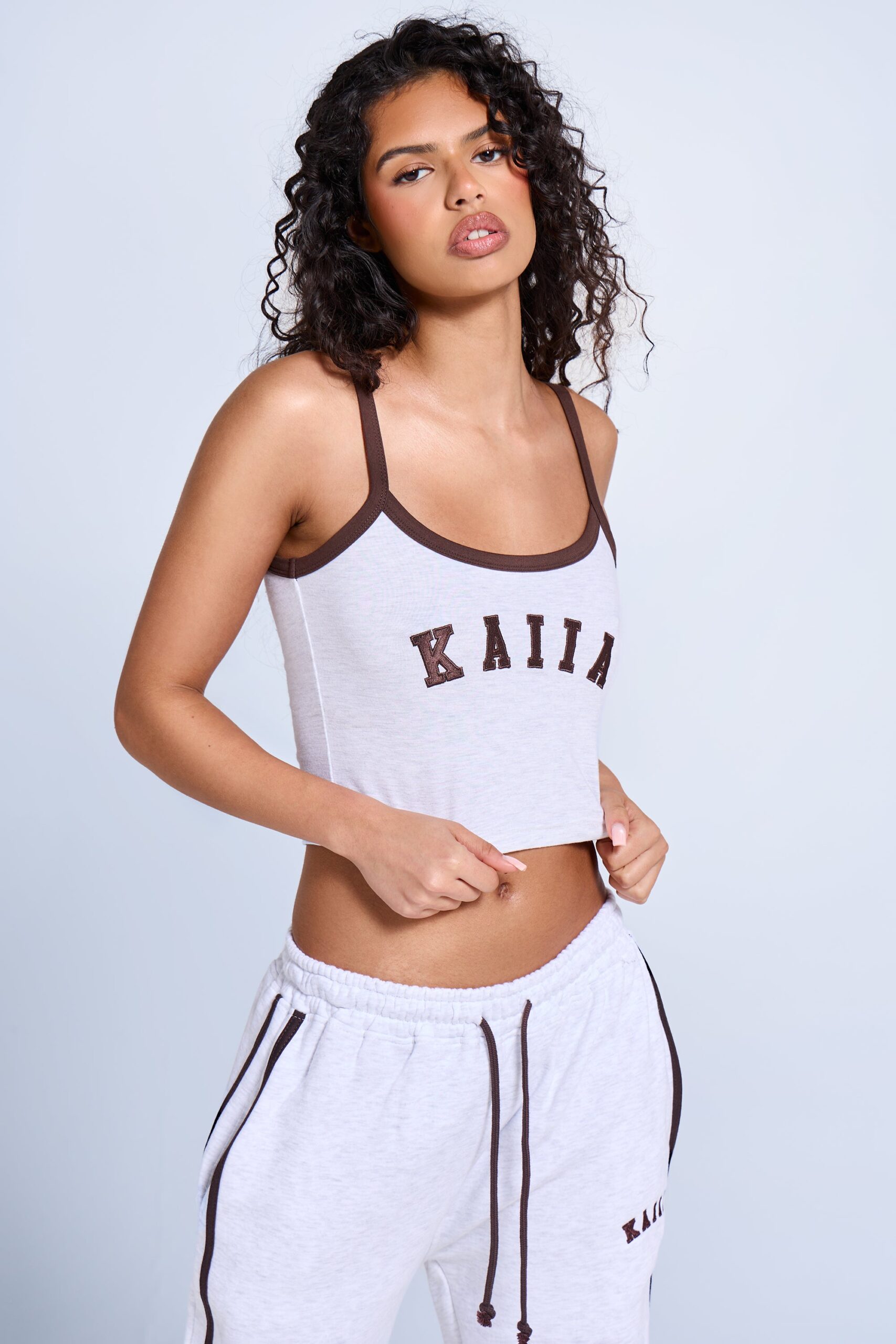 Kaiia Logo Contrast Cami Top Light Grey Marl & Brown