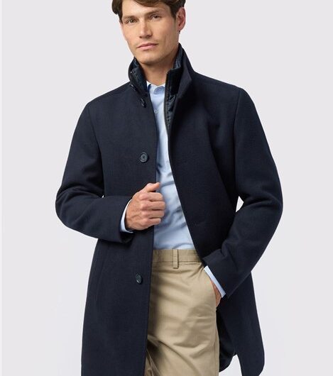 Melka Slim Fit Navy Blue Funnel Neck Overcoat With Padded Insert