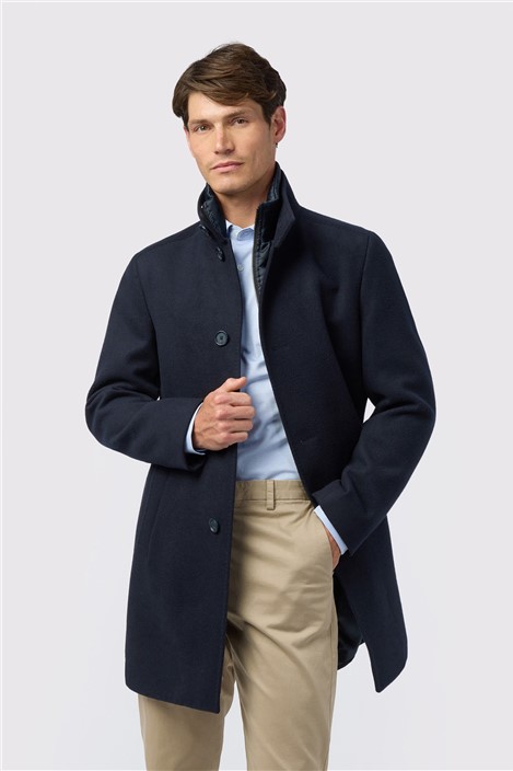 Melka Slim Fit Navy Blue Funnel Neck Overcoat With Padded Insert