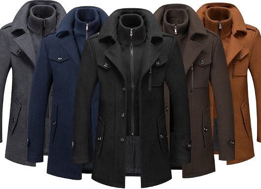 Men's Woollen Winter Coat with Double Collar - 5 Colours, 7 Sizes