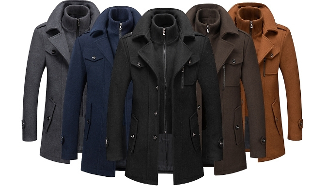 Men's Woollen Winter Coat with Double Collar - 5 Colours, 7 Sizes