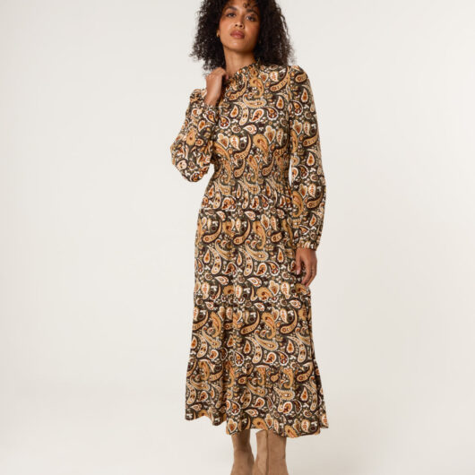 Paisley High Neck Shirred Waist Dress - M/L / KHAKI