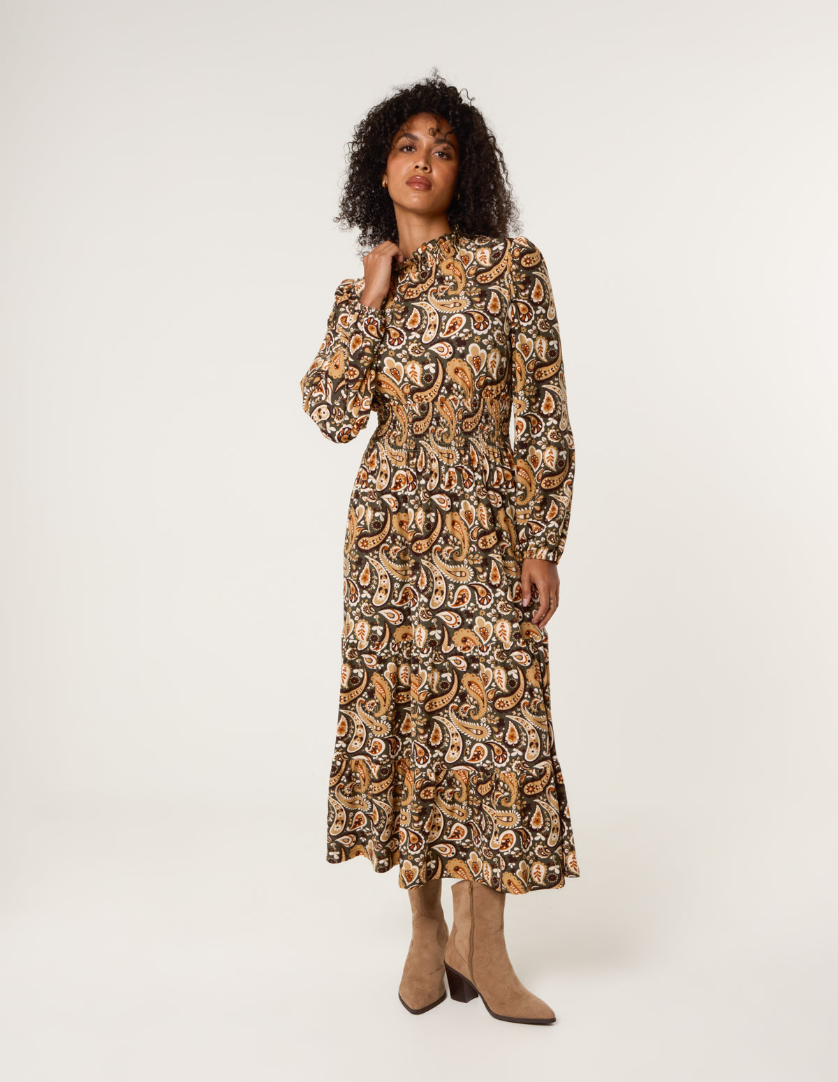 Paisley High Neck Shirred Waist Dress - M/L / KHAKI