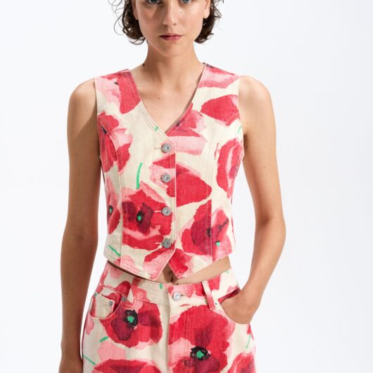 Poppy Red Floral Printed Denim Waistcoat Waistcoat Red Multi