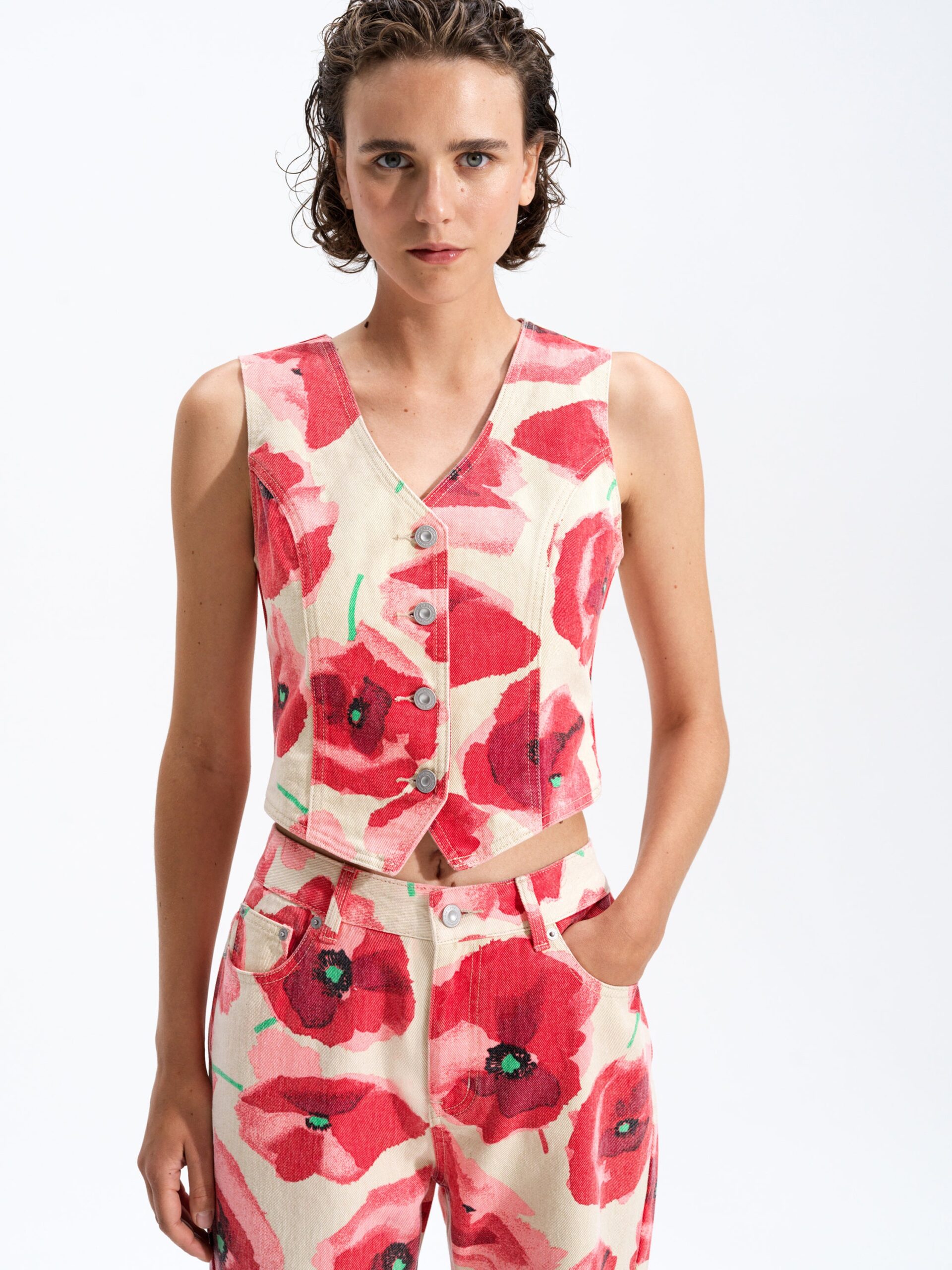 Poppy Red Floral Printed Denim Waistcoat Waistcoat Red Multi