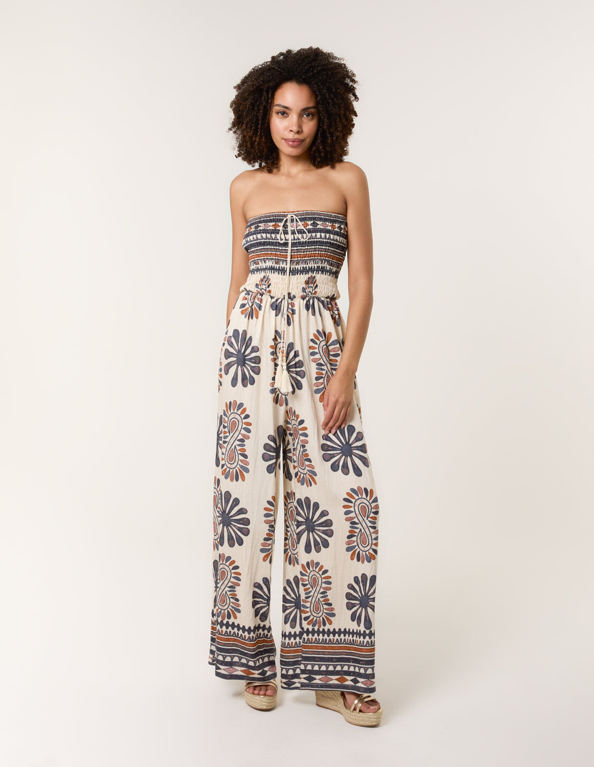 Strapless Elasticated Printed Jumpsuit - M/L / NAVY