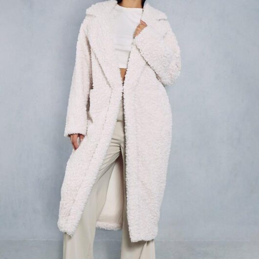 Womens Longline Oversized Collar Teddy Fur Coat - cream - 12, Cream