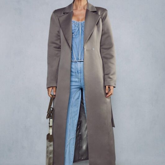 Womens Premium Satin Cinched Waist Trench Coat - khaki - 8, Khaki