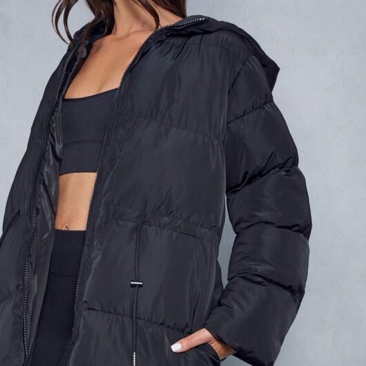 Womens Recycled Cinched Waist Hooded Puffer Coat - black - 10, Black